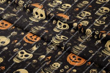 Happy Halloween Siyah Zeminli Bal Kabaklı Kurukafa Desenli Tasarım Dijital Baskılı Kumaş