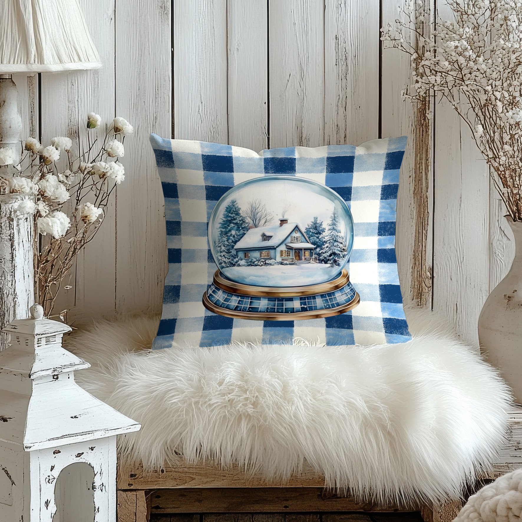 Yılbaşı Koleksiyonu- 45x45 cm Dikilmemiş 2’li Kırlent Paneli – Mavi Ekose Zemin Toile De Jouy Kar Küresi