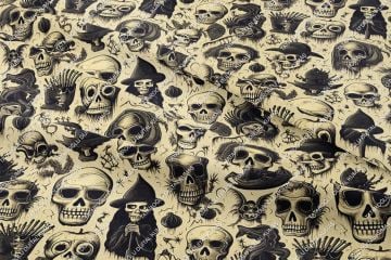 Happy Halloween Krem Zeminli Korsan Kurukafa Desenli Tasarım Dijital Baskılı Kumaş