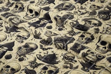 Happy Halloween Krem Zeminli Korsan Kurukafa Desenli Tasarım Dijital Baskılı Kumaş