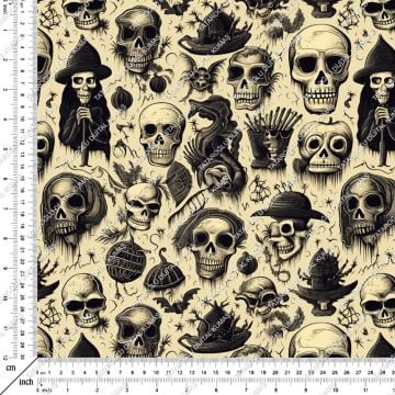 Happy Halloween Krem Zeminli Korsan Kurukafa Desenli Tasarım Dijital Baskılı Kumaş