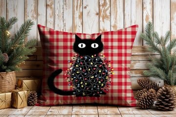 Yılbaşı Koleksiyonu- 45x45 cm Dikilmemiş 2’li Kırlent Paneli – Kırmızı Ekose Zemin Sevimli Kediler