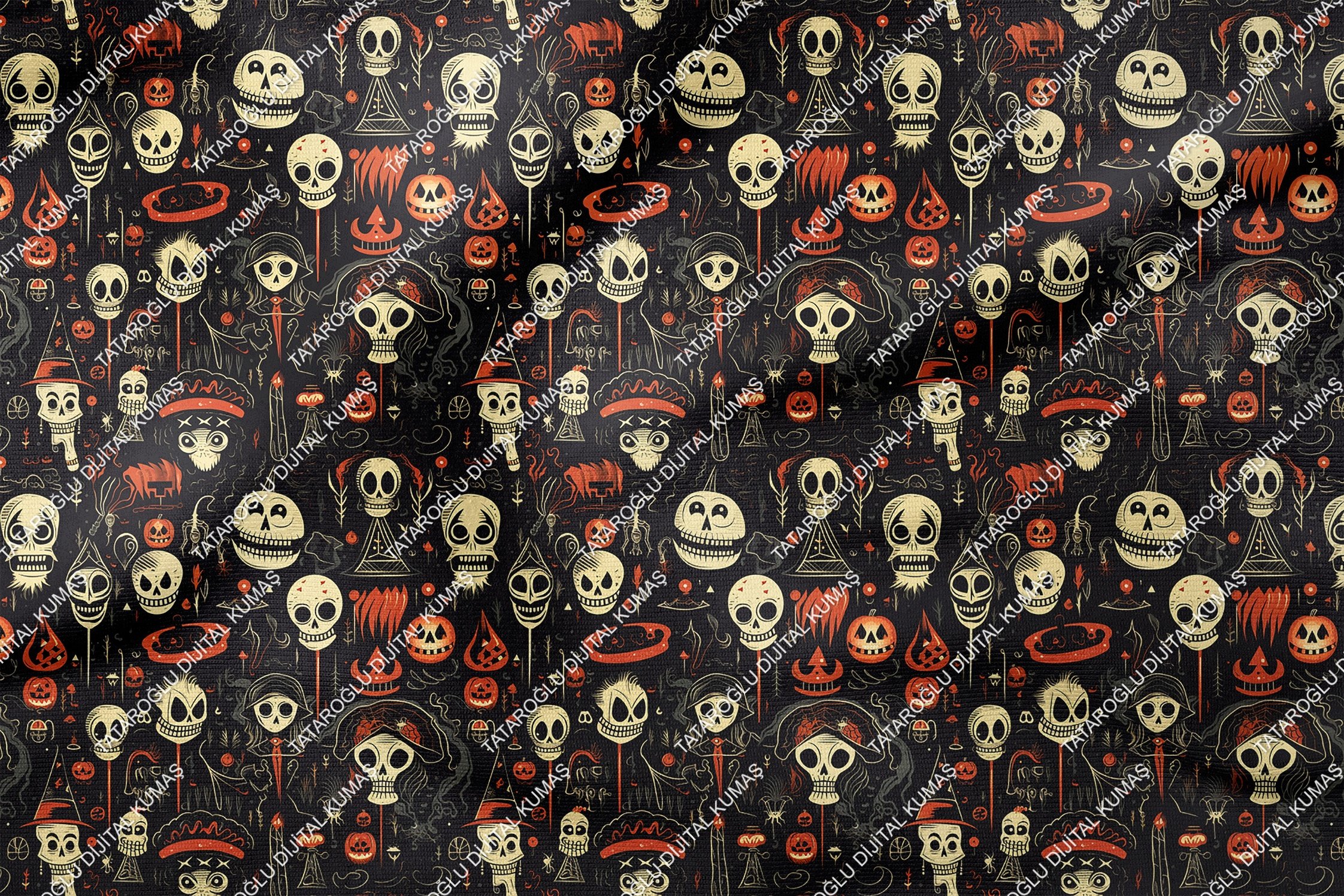Happy Halloween Siyah Zeminli Korsan Kurukafa Desenli Tasarım Dijital Baskılı Kumaş