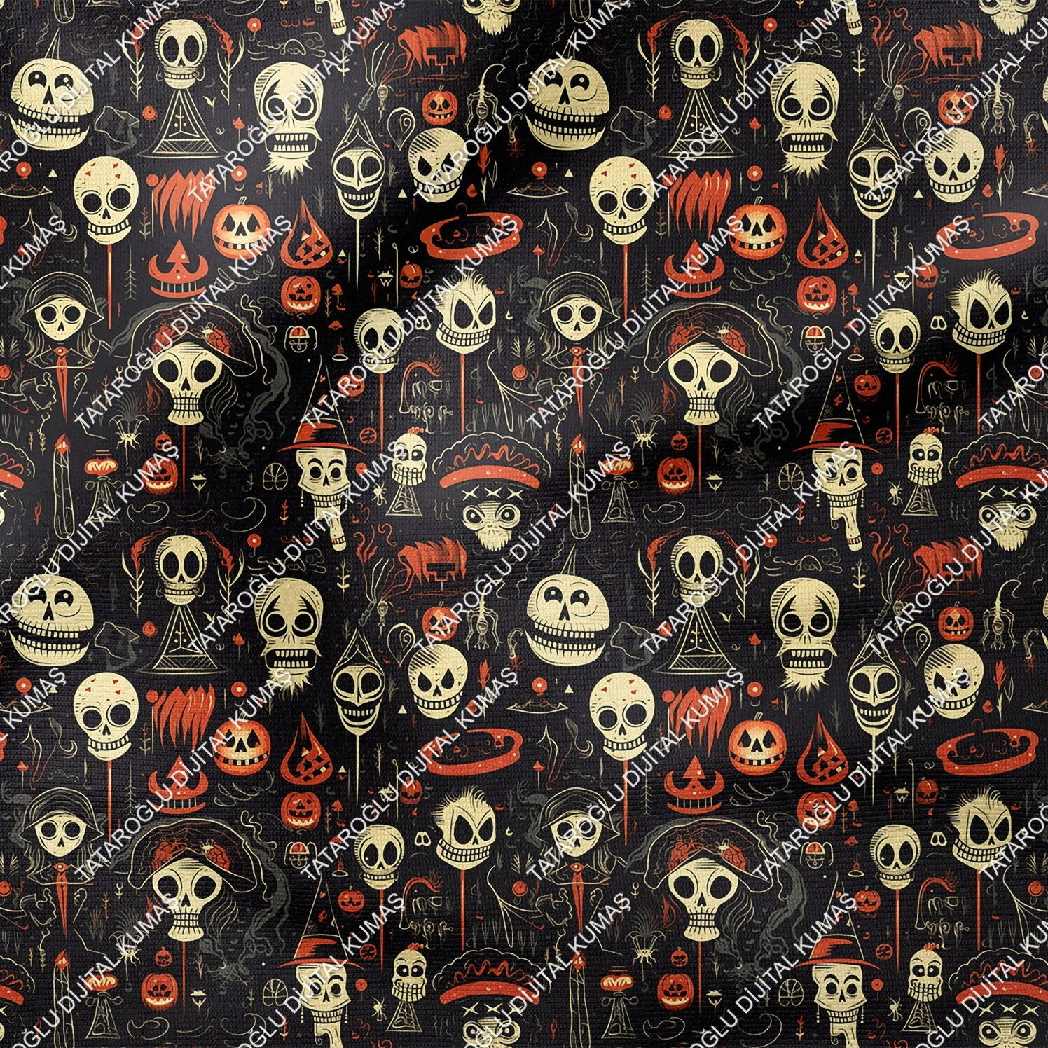 Happy Halloween Siyah Zeminli Korsan Kurukafa Desenli Tasarım Dijital Baskılı Kumaş