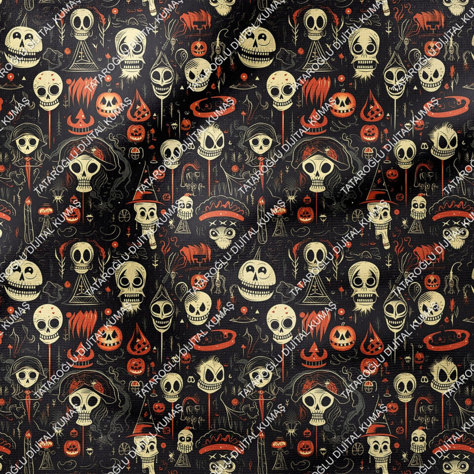 Happy Halloween Siyah Zeminli Korsan Kurukafa Desenli Tasarım Dijital Baskılı Kumaş