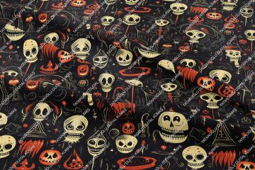 Happy Halloween Siyah Zeminli Korsan Kurukafa Desenli Tasarım Dijital Baskılı Kumaş