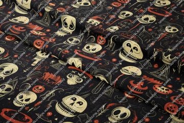 Happy Halloween Siyah Zeminli Korsan Kurukafa Desenli Tasarım Dijital Baskılı Kumaş