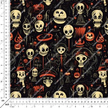 Happy Halloween Siyah Zeminli Korsan Kurukafa Desenli Tasarım Dijital Baskılı Kumaş
