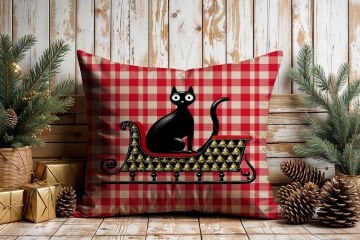 Yılbaşı Koleksiyonu- 45x45 cm Dikilmemiş 2’li Kırlent Paneli – Kırmızı Ekose Zemin Sevimli Kediler