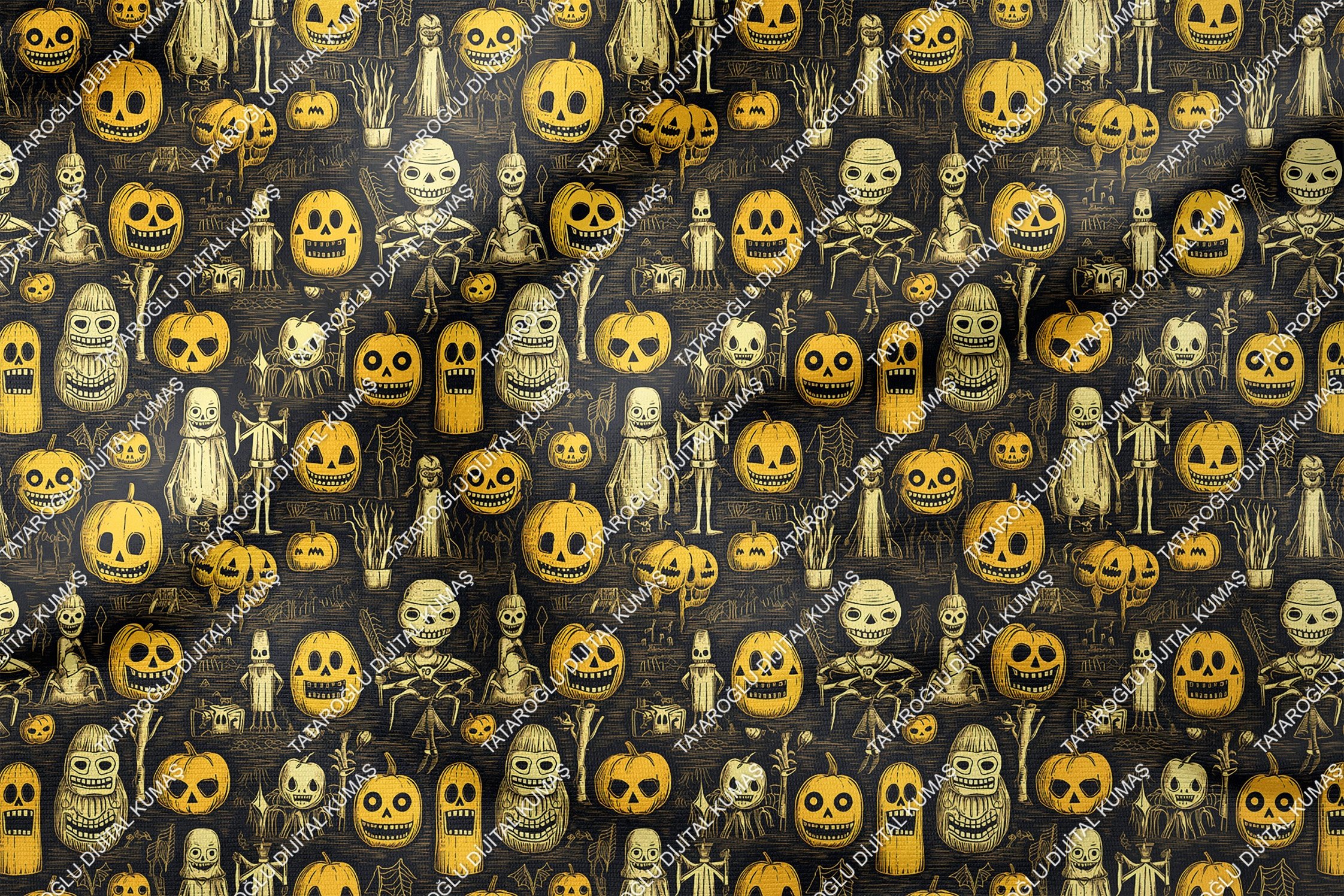 Happy Halloween Siyah Zeminli Korsan Kurukafa ve Bal Kabaklı Desenli Tasarım Dijital Baskılı Kumaş