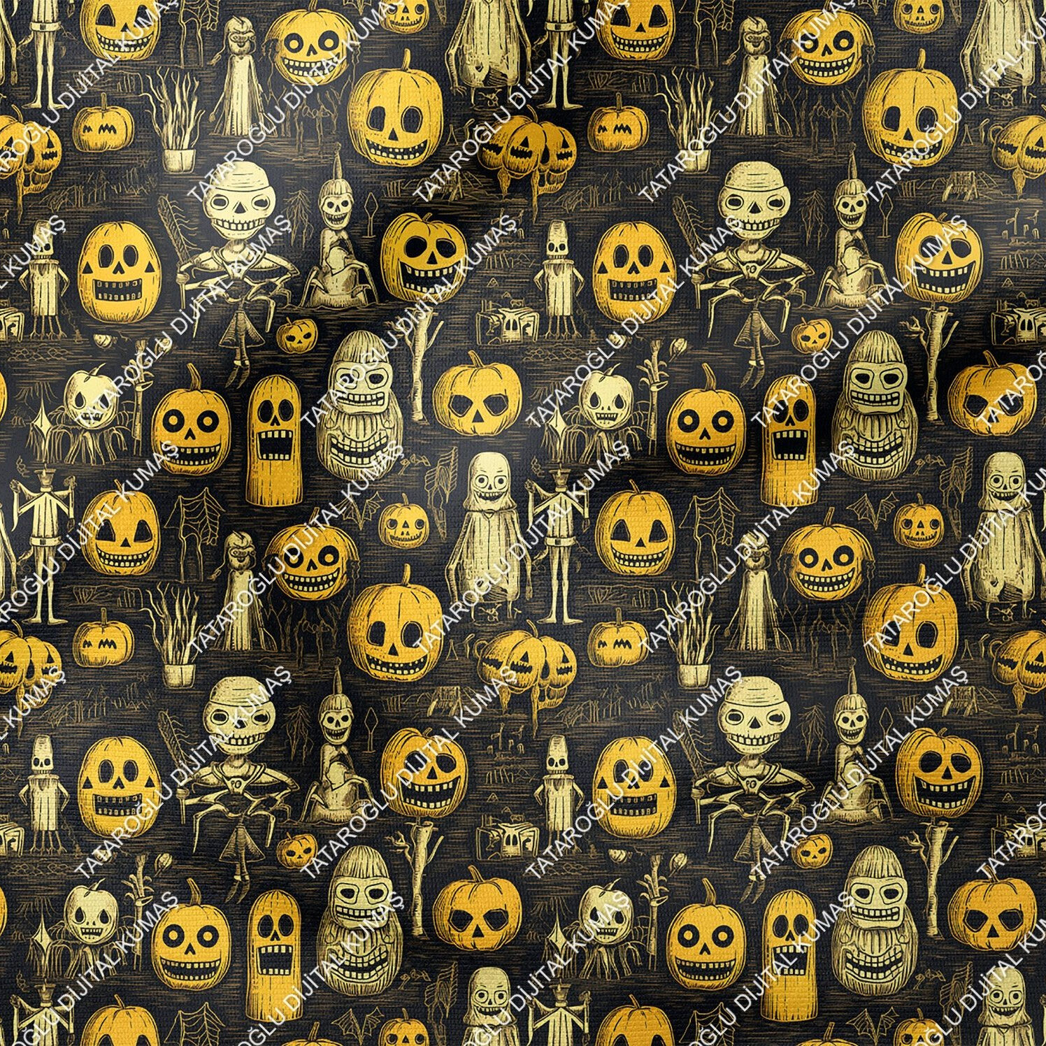 Happy Halloween Siyah Zeminli Korsan Kurukafa ve Bal Kabaklı Desenli Tasarım Dijital Baskılı Kumaş