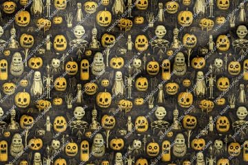 Happy Halloween Siyah Zeminli Korsan Kurukafa ve Bal Kabaklı Desenli Tasarım Dijital Baskılı Kumaş