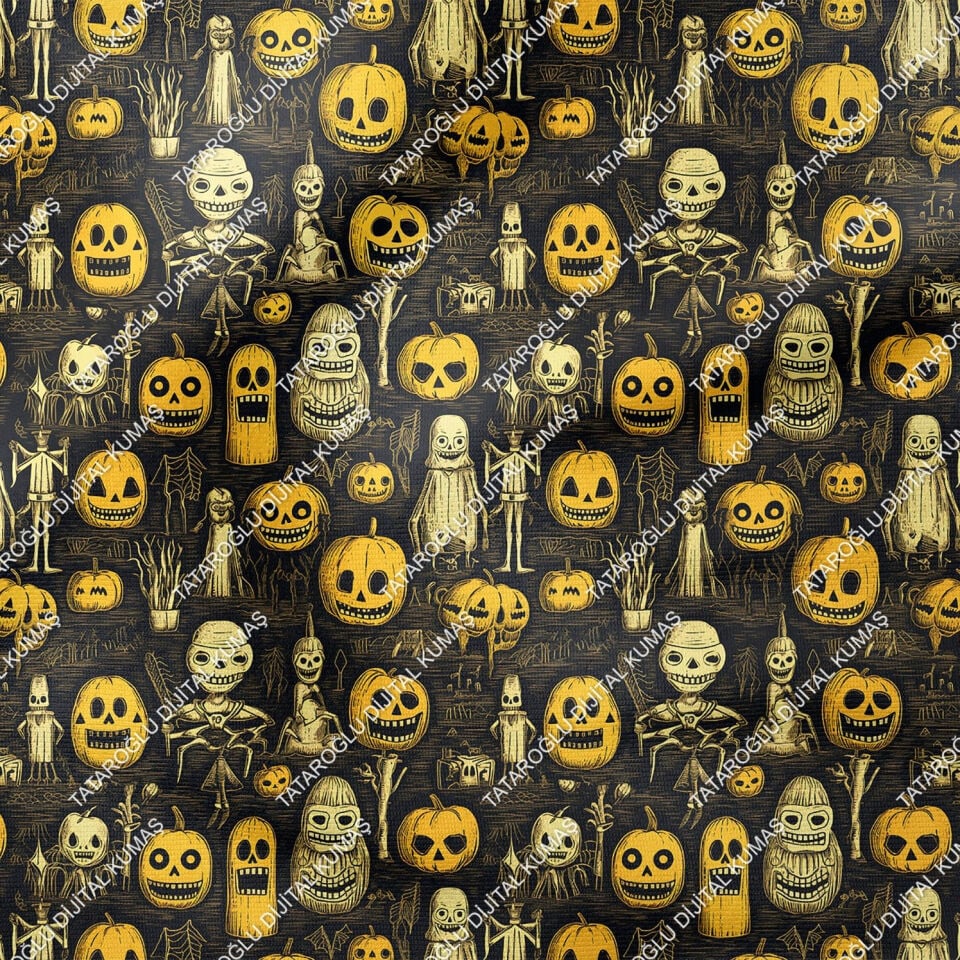 Happy Halloween Siyah Zeminli Korsan Kurukafa ve Bal Kabaklı Desenli Tasarım Dijital Baskılı Kumaş