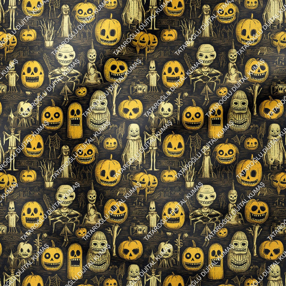 Happy Halloween Siyah Zeminli Korsan Kurukafa ve Bal Kabaklı Desenli Tasarım Dijital Baskılı Kumaş