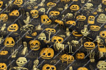 Happy Halloween Siyah Zeminli Korsan Kurukafa ve Bal Kabaklı Desenli Tasarım Dijital Baskılı Kumaş
