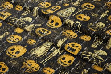 Happy Halloween Siyah Zeminli Korsan Kurukafa ve Bal Kabaklı Desenli Tasarım Dijital Baskılı Kumaş