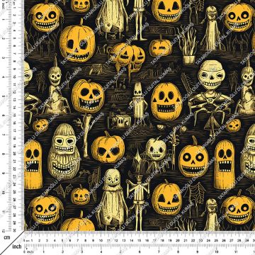 Happy Halloween Siyah Zeminli Korsan Kurukafa ve Bal Kabaklı Desenli Tasarım Dijital Baskılı Kumaş