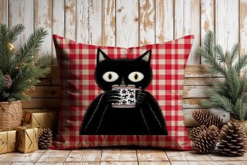 Yılbaşı Koleksiyonu- 45x45 cm Dikilmemiş 2’li Kırlent Paneli – Kırmızı Ekose Zemin Sevimli Kediler