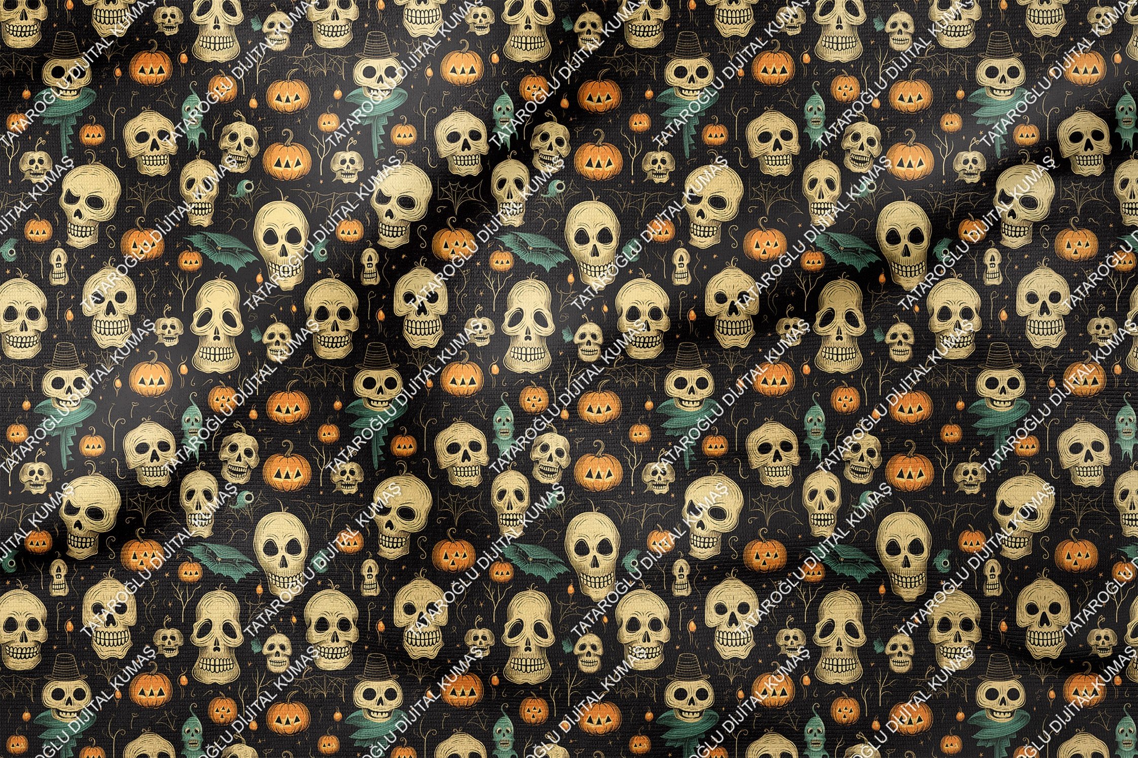 Happy Halloween Siyah Zeminli Kurukafa ve Bal Kabaklı Desenli Tasarım Dijital Baskılı Kumaş