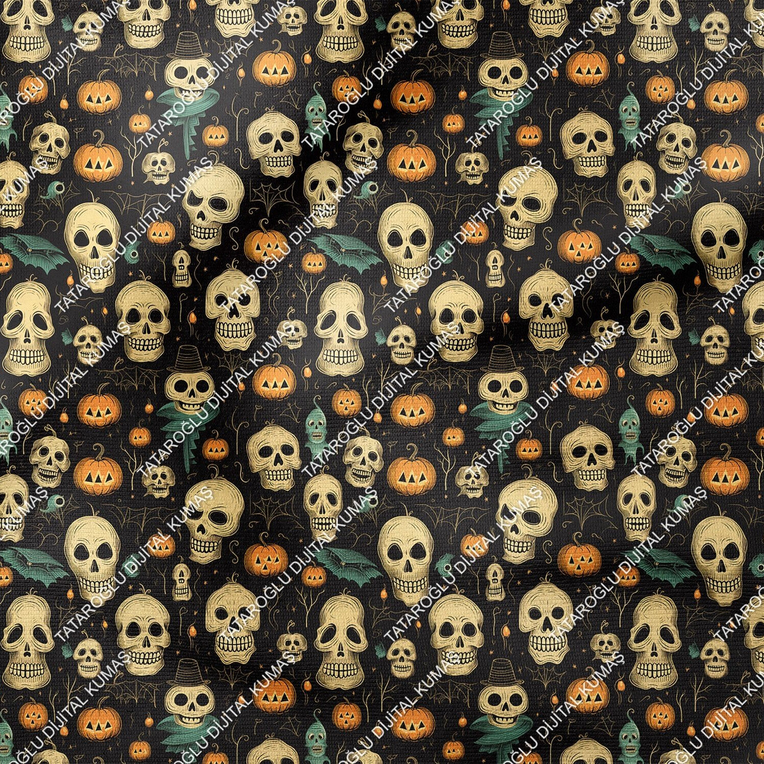 Happy Halloween Siyah Zeminli Kurukafa ve Bal Kabaklı Desenli Tasarım Dijital Baskılı Kumaş