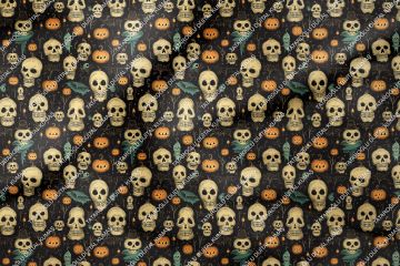 Happy Halloween Siyah Zeminli Kurukafa ve Bal Kabaklı Desenli Tasarım Dijital Baskılı Kumaş