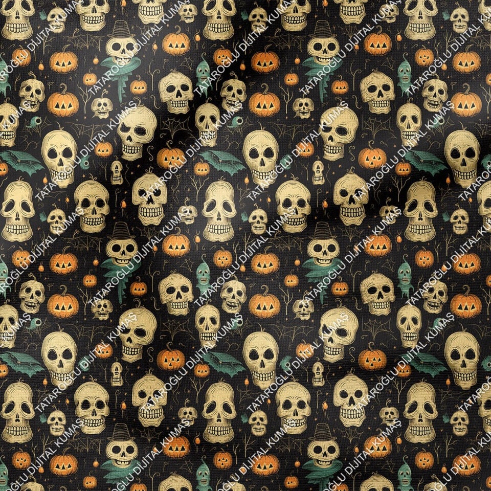 Happy Halloween Siyah Zeminli Kurukafa ve Bal Kabaklı Desenli Tasarım Dijital Baskılı Kumaş