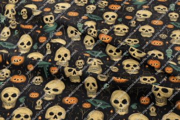 Happy Halloween Siyah Zeminli Kurukafa ve Bal Kabaklı Desenli Tasarım Dijital Baskılı Kumaş