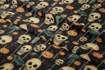 Happy Halloween Siyah Zeminli Kurukafa ve Bal Kabaklı Desenli Tasarım Dijital Baskılı Kumaş