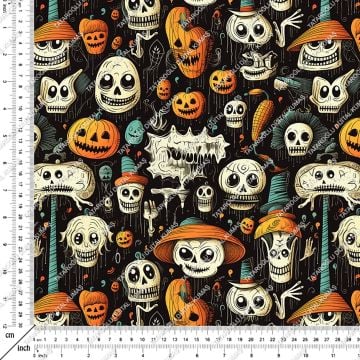 Happy Halloween Siyah Zeminli Kurukafa, Bal Kabaklı Desenli Tasarım Dijital Baskılı Kumaş