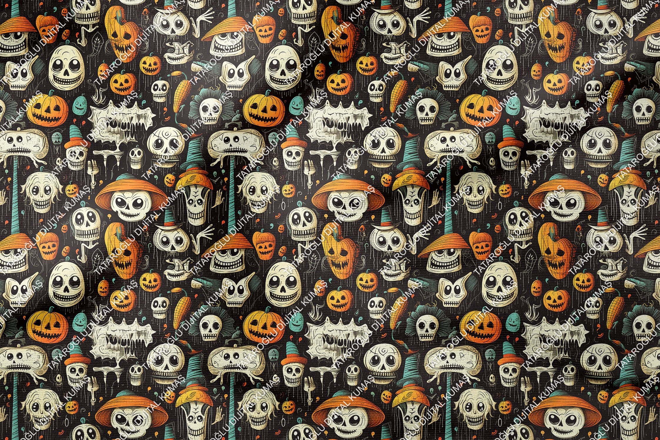 Happy Halloween Siyah Zeminli Kurukafa, Bal Kabaklı Desenli Tasarım Dijital Baskılı Kumaş