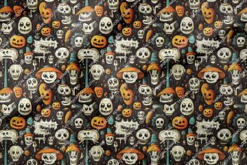 Happy Halloween Siyah Zeminli Kurukafa, Bal Kabaklı Desenli Tasarım Dijital Baskılı Kumaş
