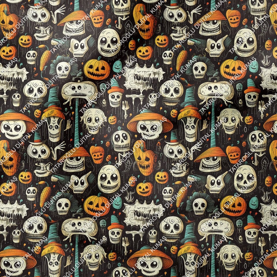 Happy Halloween Siyah Zeminli Kurukafa, Bal Kabaklı Desenli Tasarım Dijital Baskılı Kumaş