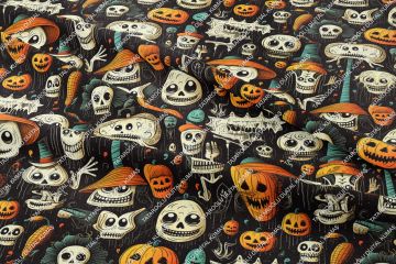 Happy Halloween Siyah Zeminli Kurukafa, Bal Kabaklı Desenli Tasarım Dijital Baskılı Kumaş