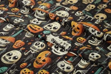 Happy Halloween Siyah Zeminli Kurukafa, Bal Kabaklı Desenli Tasarım Dijital Baskılı Kumaş