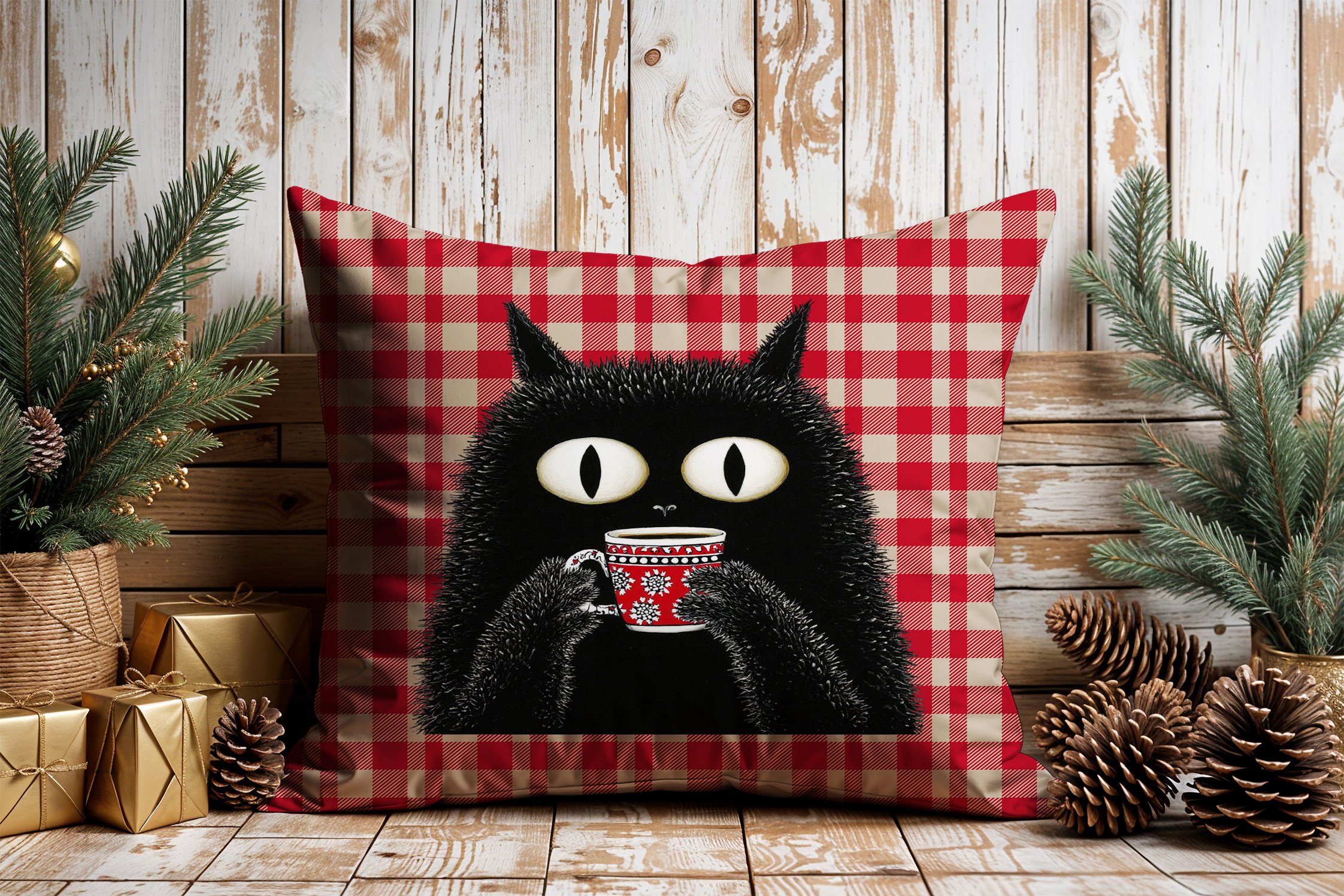 Yılbaşı Koleksiyonu- 45x45 cm Dikilmemiş 2’li Kırlent Paneli – Kırmızı Ekose Zemin Sevimli Kara Kediler