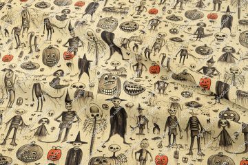 Happy Halloween Krem Zeminli Kurukafa, Bal Kabaklı Desenli Tasarım Dijital Baskılı Kumaş