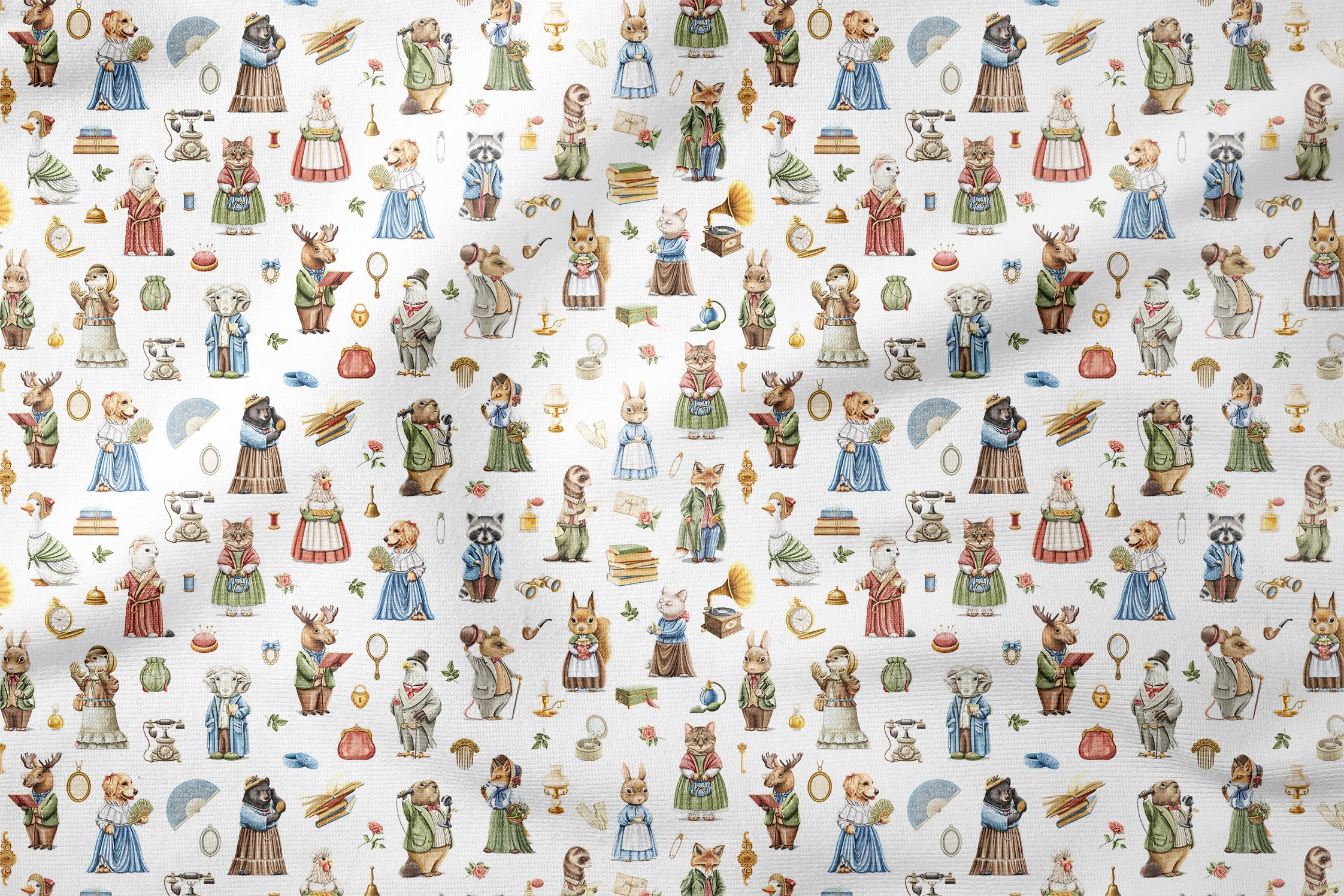 Vintage Kıyafet Giyen Hayvanlar Kedi,Köpek,Horoz,Tavşan,Geyik,Kurt,Sincap,Rakun,Ördek