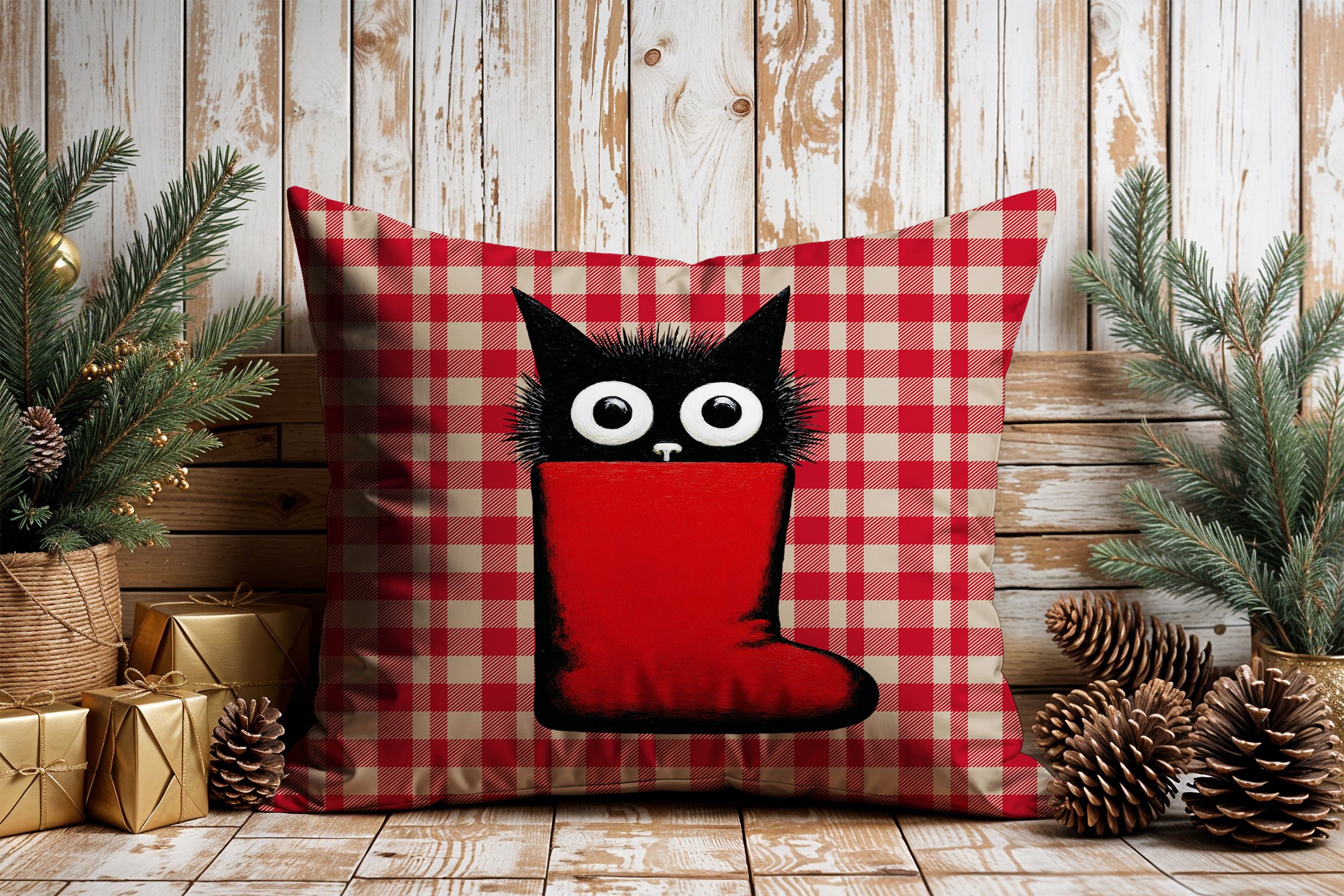 Yılbaşı Koleksiyonu- 45x45 cm Dikilmemiş 2’li Kırlent Paneli – Kırmızı Ekose Zemin Sevimli Kara Kediler