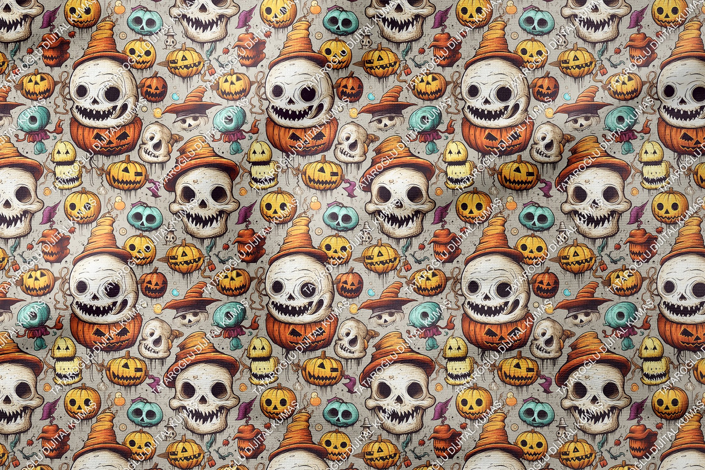 Happy Halloween Gri Zeminli Kurukafa, Bal Kabaklı Desenli Tasarım Dijital Baskılı Kumaş