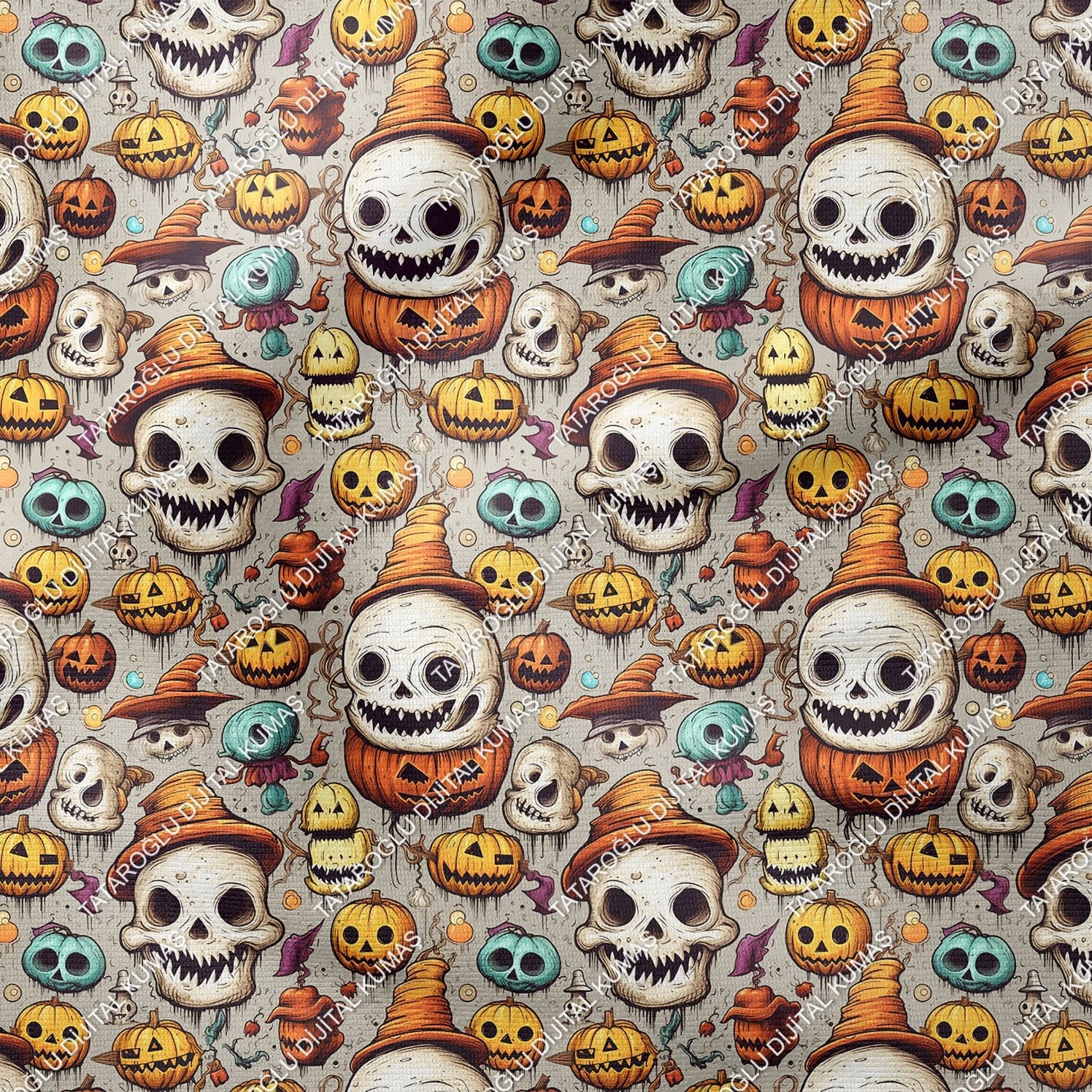 Happy Halloween Gri Zeminli Kurukafa, Bal Kabaklı Desenli Tasarım Dijital Baskılı Kumaş