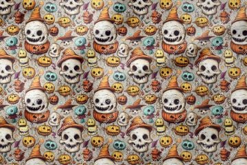 Happy Halloween Gri Zeminli Kurukafa, Bal Kabaklı Desenli Tasarım Dijital Baskılı Kumaş