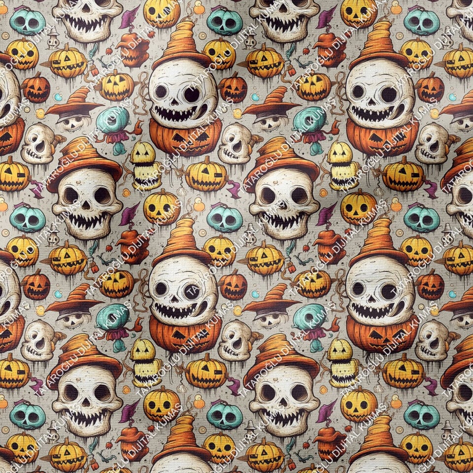 Happy Halloween Gri Zeminli Kurukafa, Bal Kabaklı Desenli Tasarım Dijital Baskılı Kumaş