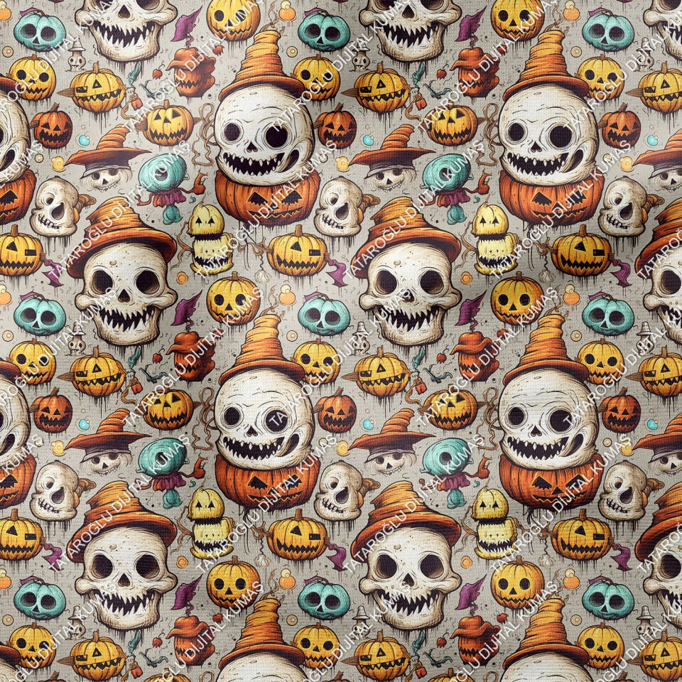 Happy Halloween Gri Zeminli Kurukafa, Bal Kabaklı Desenli Tasarım Dijital Baskılı Kumaş