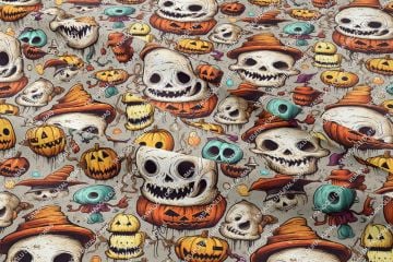 Happy Halloween Gri Zeminli Kurukafa, Bal Kabaklı Desenli Tasarım Dijital Baskılı Kumaş
