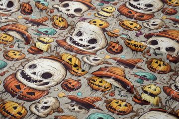 Happy Halloween Gri Zeminli Kurukafa, Bal Kabaklı Desenli Tasarım Dijital Baskılı Kumaş