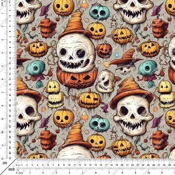 Happy Halloween Gri Zeminli Kurukafa, Bal Kabaklı Desenli Tasarım Dijital Baskılı Kumaş