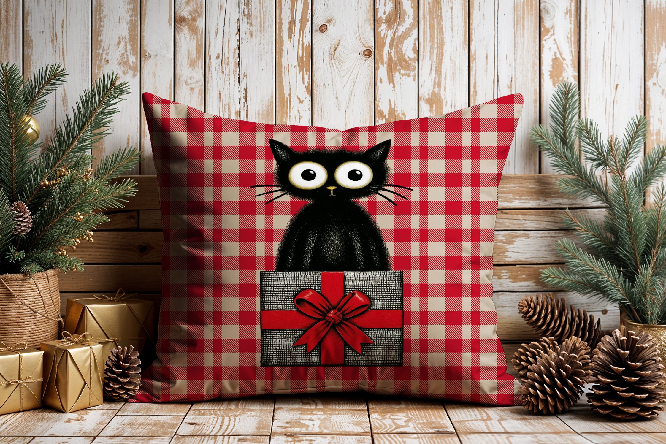 Yılbaşı Koleksiyonu- 45x45 cm Dikilmemiş 2’li Kırlent Paneli – Kırmızı Ekose Zemin Sevimli Kara Kediler