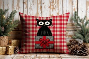 Yılbaşı Koleksiyonu- 45x45 cm Dikilmemiş 2’li Kırlent Paneli – Kırmızı Ekose Zemin Sevimli Kara Kediler