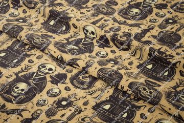 Happy Halloween Krem Zeminli Kurukafa Desenli Tasarım Dijital Baskılı Kumaş