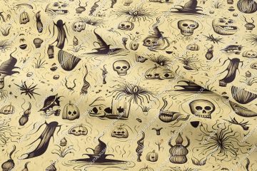 Happy Halloween Krem Zeminli Kurukafa Desenli Tasarım Dijital Baskılı Kumaş1